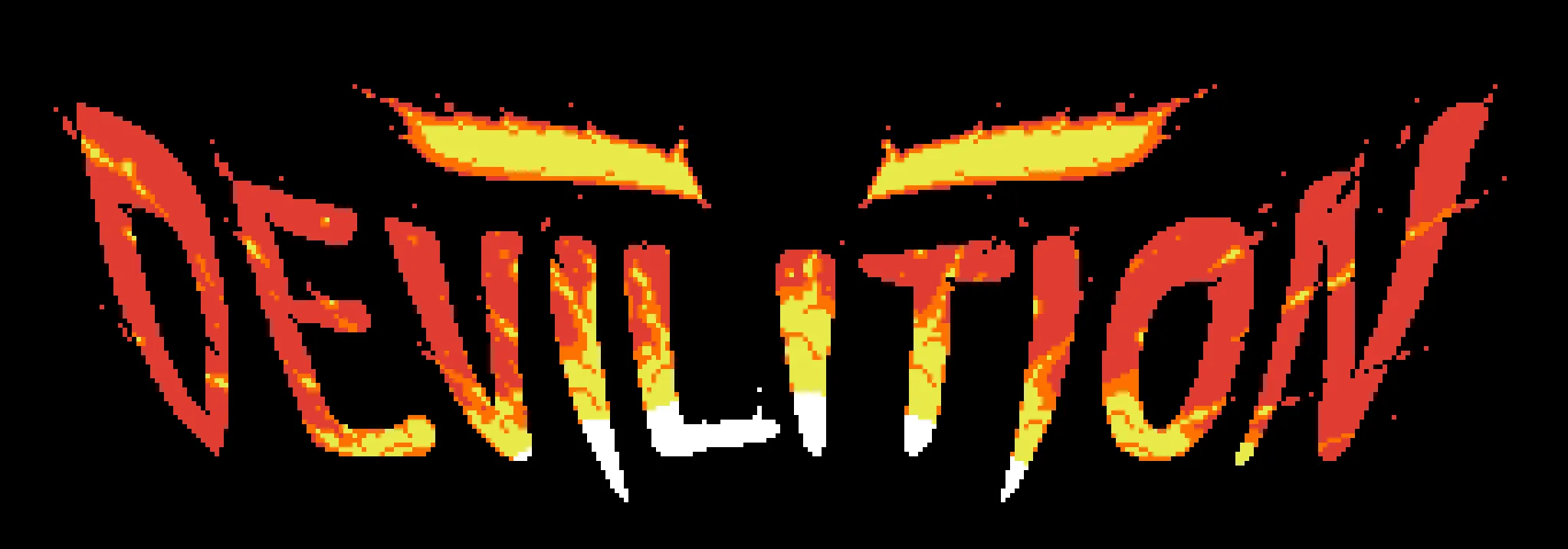 Titelbildschirm von "Devilition". Der Titel des Spiels in stilisierten roten Buchstaben mit einer gelben Explosion in den Buchstaben. Darüber zwei längliche Schlitze mit Feuereffekten, vielleicht teuflische Augen. Der Hintergrund ist schwarz. 