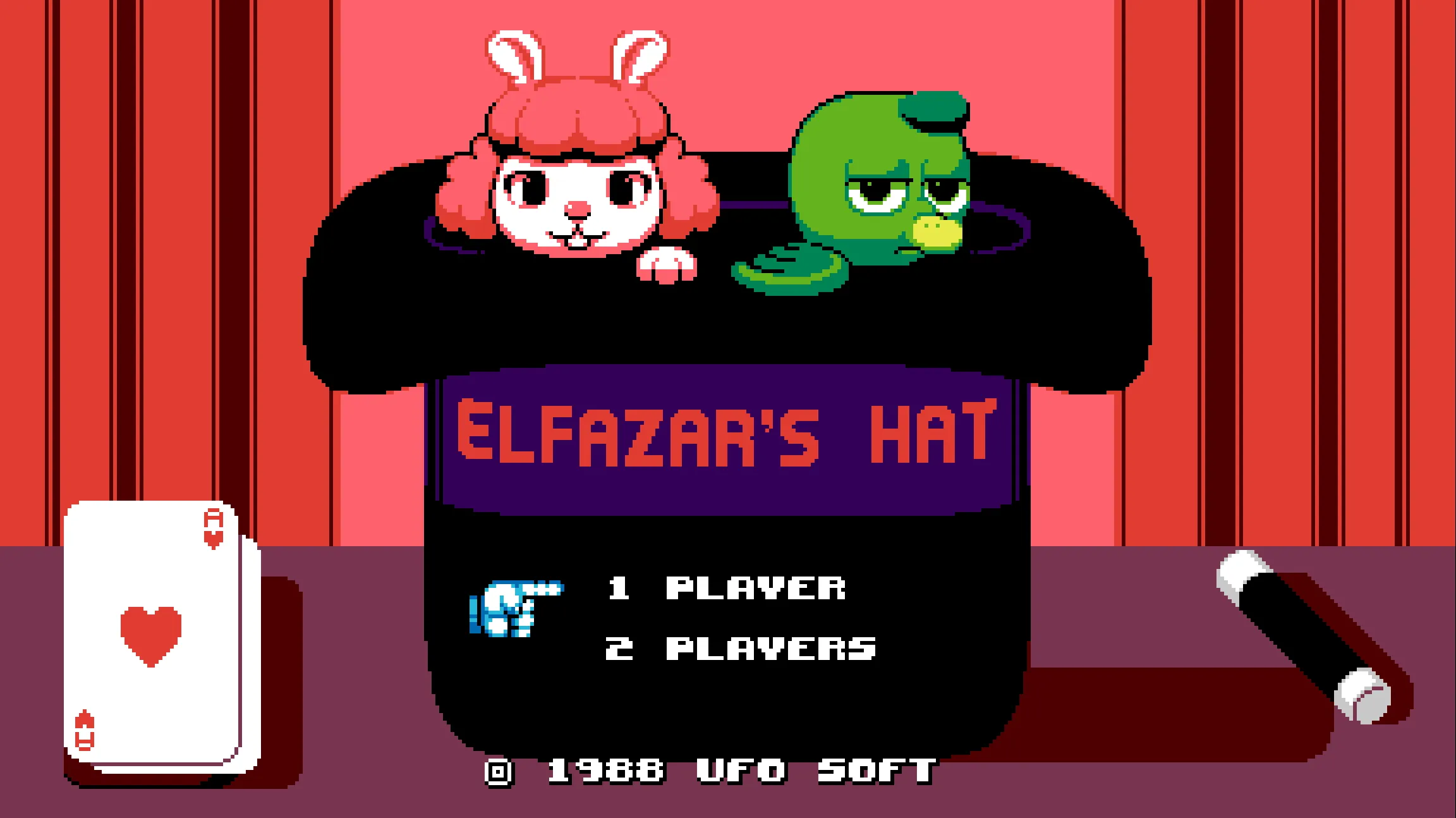 Titelbildschirm des Spiels "Elfazar's Hat". Der Titel des Spiels in roten Buchstaben auf dem lila Hutband eines schwarzen Zylinders. Aus dem Hut schauen ein weißer Hase mit roten Haaren und ein grüner Vogel. Links vom Hut ein Spielkarten-Deck, rechts vom Hut ein Zauberstab. Im Hintergrund ein roter Vorhang.