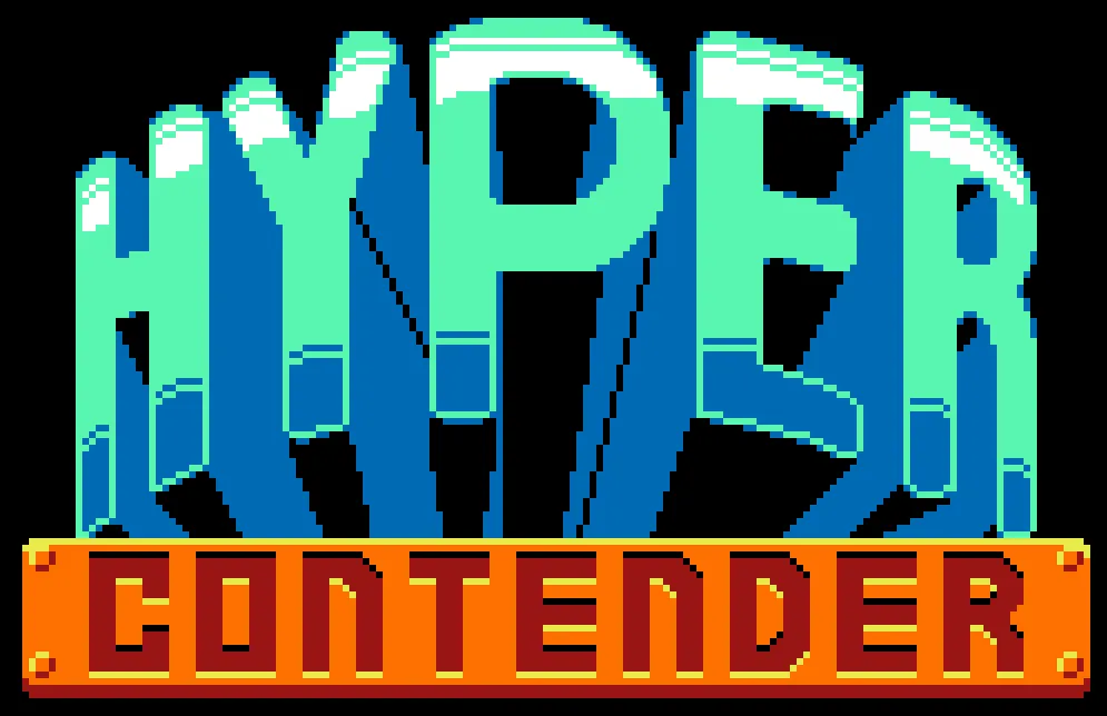 Der Titelbildschirm von "Hyper Contender". Der Titel des Spiels in türkis- und orangefarbenen Buchstaben.