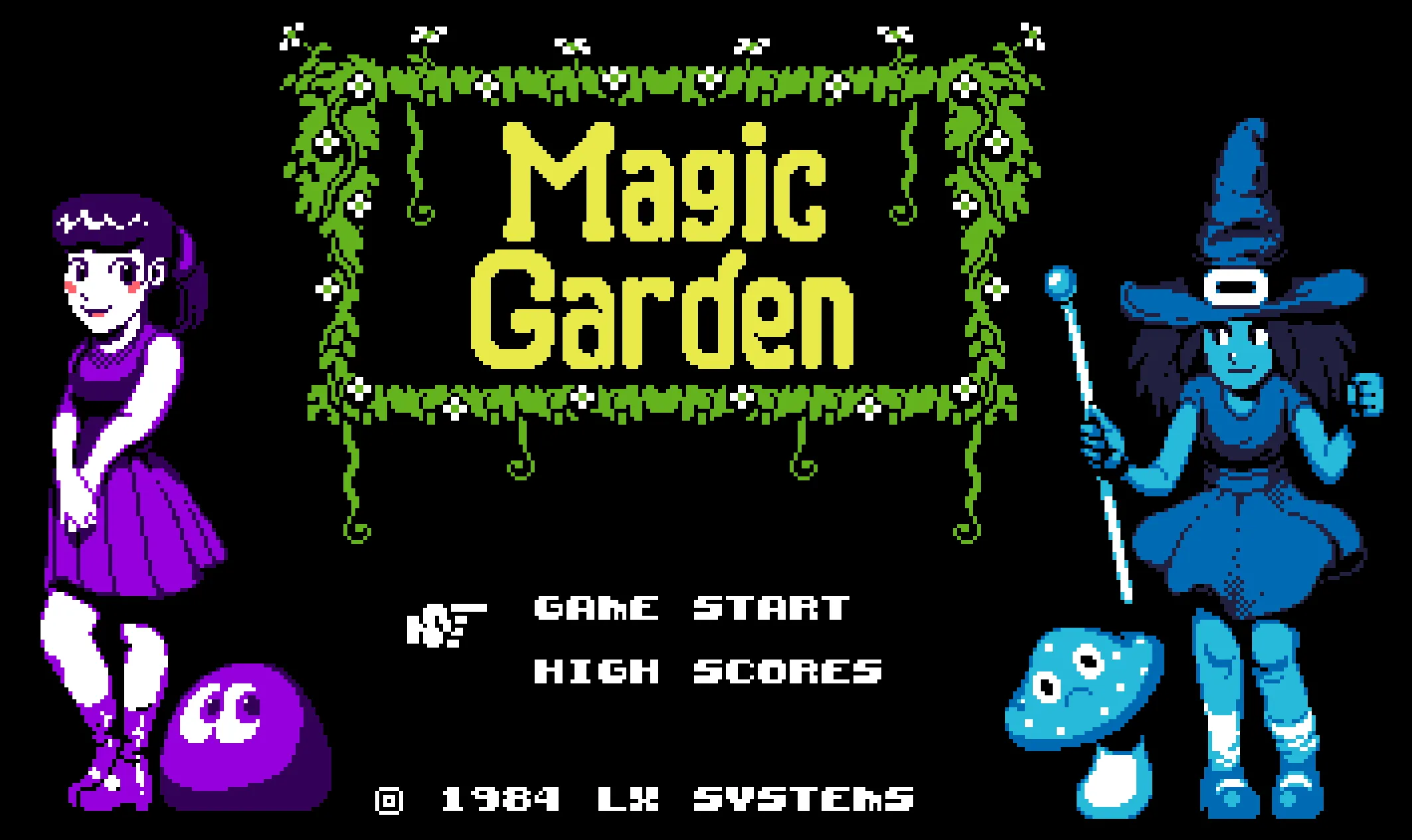 Titelbildschirm von "Magic Garden". Der Titel des Spiels in gelben Buchstaben, umrandet von einer grünen Box mit Ranken und weißen Blüten. Links davon ein Mädchen mit lila Kleid und ein lila Blob mit Augen. Rechts davon ein Mädchen mit blauem Kleid, Zauberstab und Hexenhut und ein blauer Pilz mit Augen.