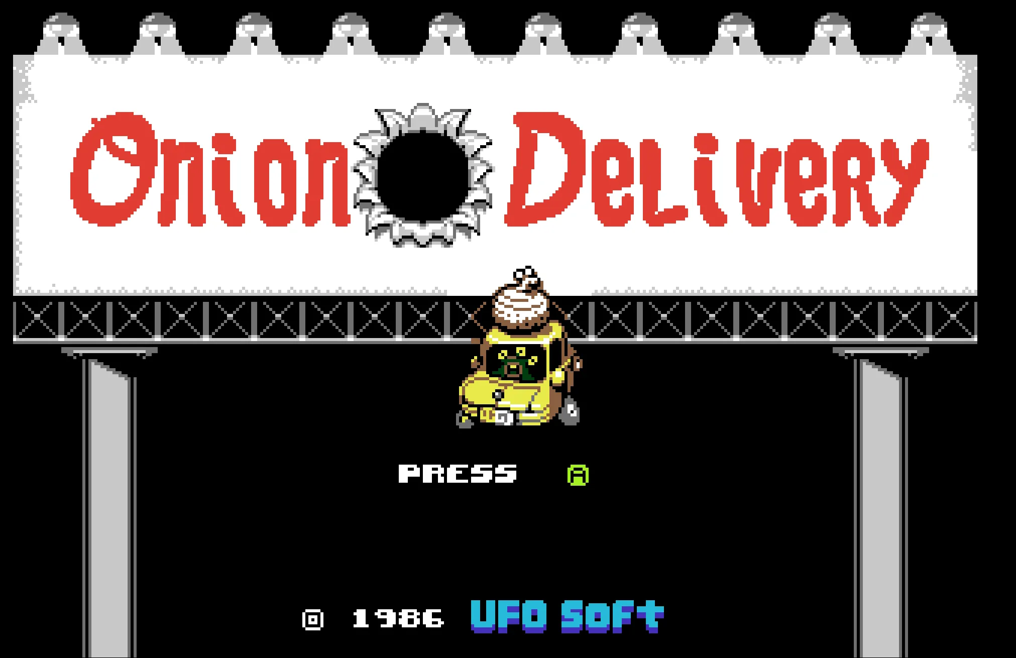 Titelbildschirm von "Onion Delivery". Der Titel des Spiels in einem verspielten Font mit gemischten Groß- und Kleinbuchstaben in rot auf einem weißen Werbeplakat im amerikanischen Stil. In der Mitte des Plakats ist ein Loch und davor ein kleines gelbes Auto mit einer Zwiebel auf dem Dach und einem grünen Alien mit drei Stielaugen am Lenker.