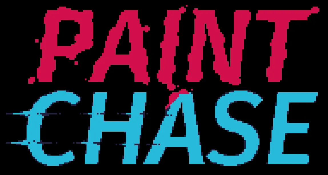 Titelbildschirm von "Paint Chase". Der Title des Spiels in roten (Paint) und blauen (Chase) Buchstaben auf schwarzem Hintergrund. Die roten Buchstaben sind klecksartig stilisiert. Bei den blauen Buchstaben sieht es so aus, als wäre ein Auto darüber gefahren und hätte die Farbe verwischt.