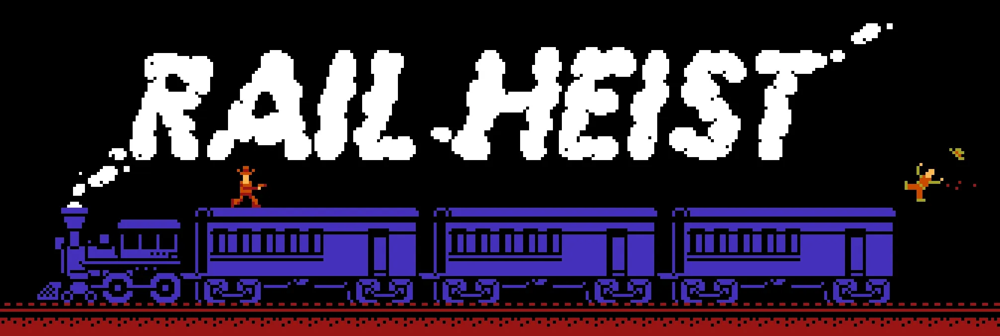 Titelbildschirm von "Rail Heist". Der Titel des Spiels stilisiert als weißer Rauch einer metallisch-blauen Dampflokomotive mit 3 Wagons. Auf dem ersten Wagon steht ein Cowboy mit gezogener Pistole. Vom letzten Wagon fällt ein blutender Cowboy, offenbar vom Schuss des ersten Cowboy getroffen. Der Boden und die Gleise sind rot. Der Hintergrund ist schwarz.