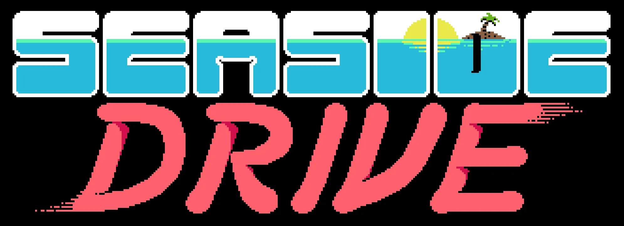 Titelbildschirm von Seaside Drive. Der Titel des Spiels in blauweißen und roten Buchstaben. Auf die Buchstaben des ersten Wortes ist ein Meer mit Sonne am Horizont und Palmeninsel drübergelegt.