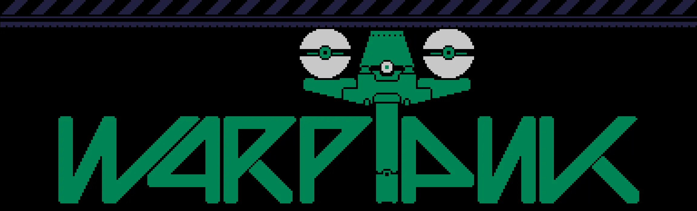 Der Titelbildschirm des Spiels "Warptank". Der Titel des Spiels in stilisierten, kantigen, grünen Buchstaben. Das "T" ist ein Panzer mit Kanonenrohr, der an der Decke fährt.